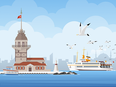 Istanbul maiden's tower illustration bosphorus design illustration istanbul kız kulesi maiden tower sea seagulls ship skyblue vector