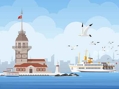 Istanbul maiden's tower illustration bosphorus design illustration istanbul kız kulesi maiden tower sea seagulls ship skyblue vector