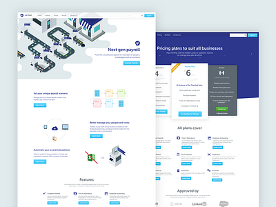KeyPay's Landing Pages app design features flat isometric landing page pricing web