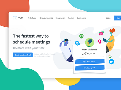 Vyte V2 app flat illustration landing meetings scheduling vyte website