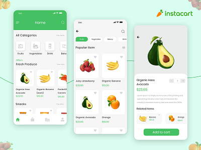Grocery Delivery App Design Inspired by Instacart android app concept delivery design ecommerce food food app grocery app grocery list grocery online grocery store ios mobile app mobile design mobile ui product product ui vegetables