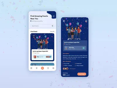 Event Finder App UI Design booking app clean ui event event finder event management event organizer eventmanagers events finder home screen mobile app mobile app design mobile ui seminar finder social app startup ui workshop