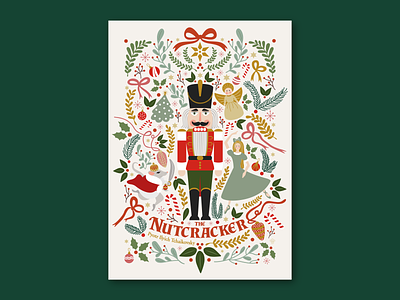 The Nutcracker - Christmas ballet christmas christmas tree digital illustration festive gold graphic design green holiday illustration mistletoe mouse king nutcracker ornaments red vector