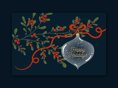 Happy Holidays Greeting Card bow card christmas digital illustration floral gold green greetingcard holiday illustration ornament red vector
