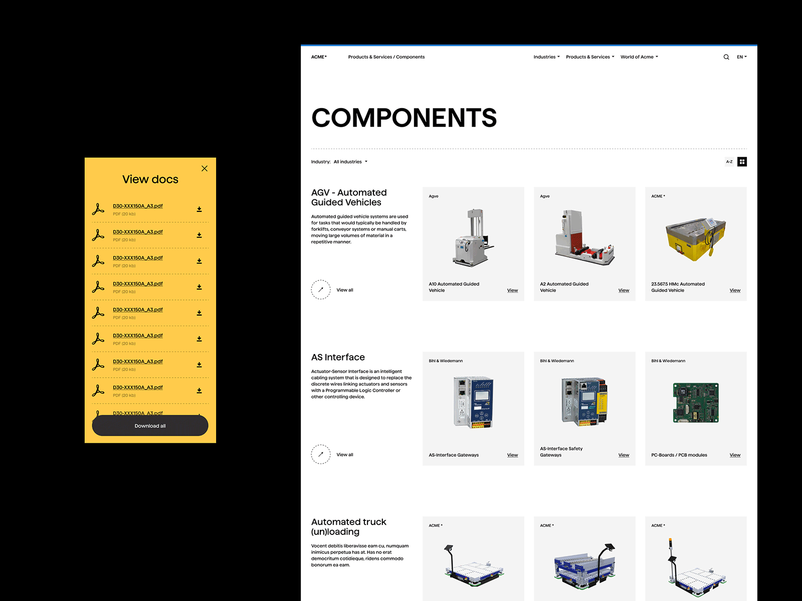 ACME* // Product pages 3d animation branding clean ecommerce grid industrial layout logistics minimal productpage type typogaphy typography ui web website whitespace yellow