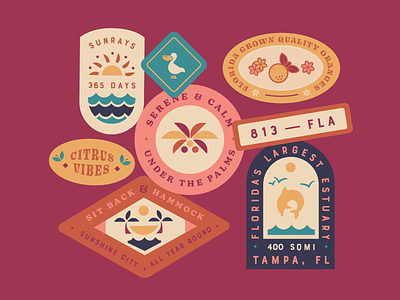 Florida Stickers ☀️ badge badge design balanced colorful flat design florida illustration minimal patches retro sticker design stickers sunshine tropical typography vector vibes warm
