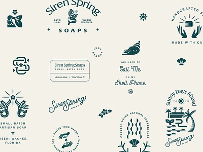 Siren Spring Soaps Branding badge badge design brand identity brand kit branding custom type flat lettering lockup logo mermaid monoweight monoweight script nautical ocean retro script soap type typography