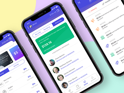 Mint App Design activity bank cash credit donate earn offers refer referrals share transfer wallet