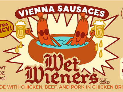 Wet Wieners Vienna Sausages beer canned food food label fun funny german illustration juicy label design packaging packaging design sausage vector art vector artwork vienna sausage weiners wet wet wieners wieners