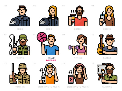 Dribbble debut app avatar branding character design hobby icon illustration lifestyle logo people typography ui ux vector