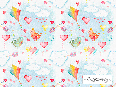 Watercolor sky cute seamless pattern balloon birds clouds cute hearts kite love seamless pattern sky surface design watercolor