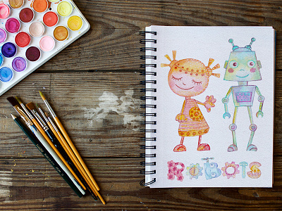Watercolor Robots party boy characters girl hand painted kids party robot watercolor