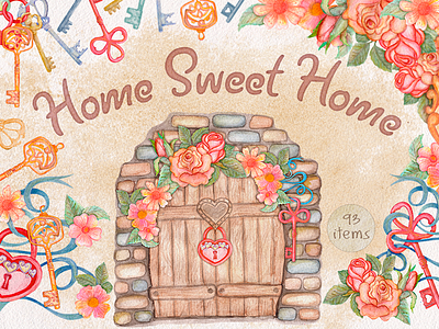 Home Sweet Home. Watercolor collection door floral flower home key lock roses sweet vintage watercolor wonderland
