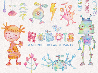 Watercolor Robots Party collection