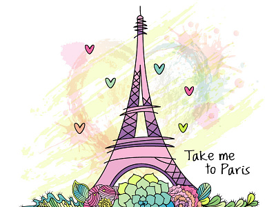 Take me to Paris. Vector illustration. eiffel tower floral flower heart illustration love paris pink showplace travel vector watercolor