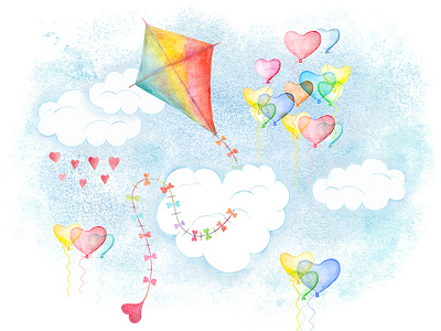 Watercolor cute sky balloon clouds cute hearts kite love sky watercolor watercolour