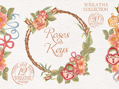 Watercolor wreaths set. Roses & keys collection floral flower frame illustration key leaf lock rose vintage watercolor wreaths