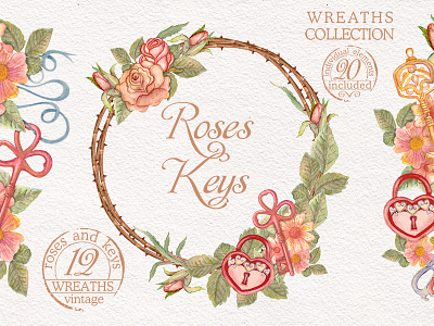 Watercolor wreaths set. Roses & keys