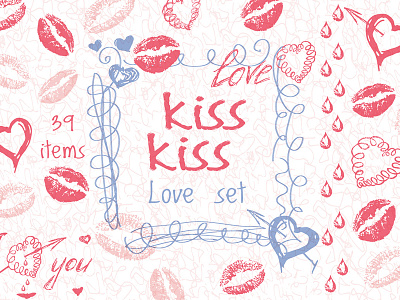 Love set. Hearts kisses doodle clipart doodle frames hand drawn hearts illustration kisses lips love romantic seamless pattern valentines day