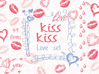 Love set. Hearts kisses doodle