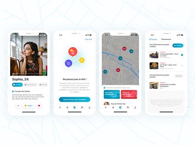 happn app application blue color date dating event ios iphonex love map meeting mobile product product design profile ui