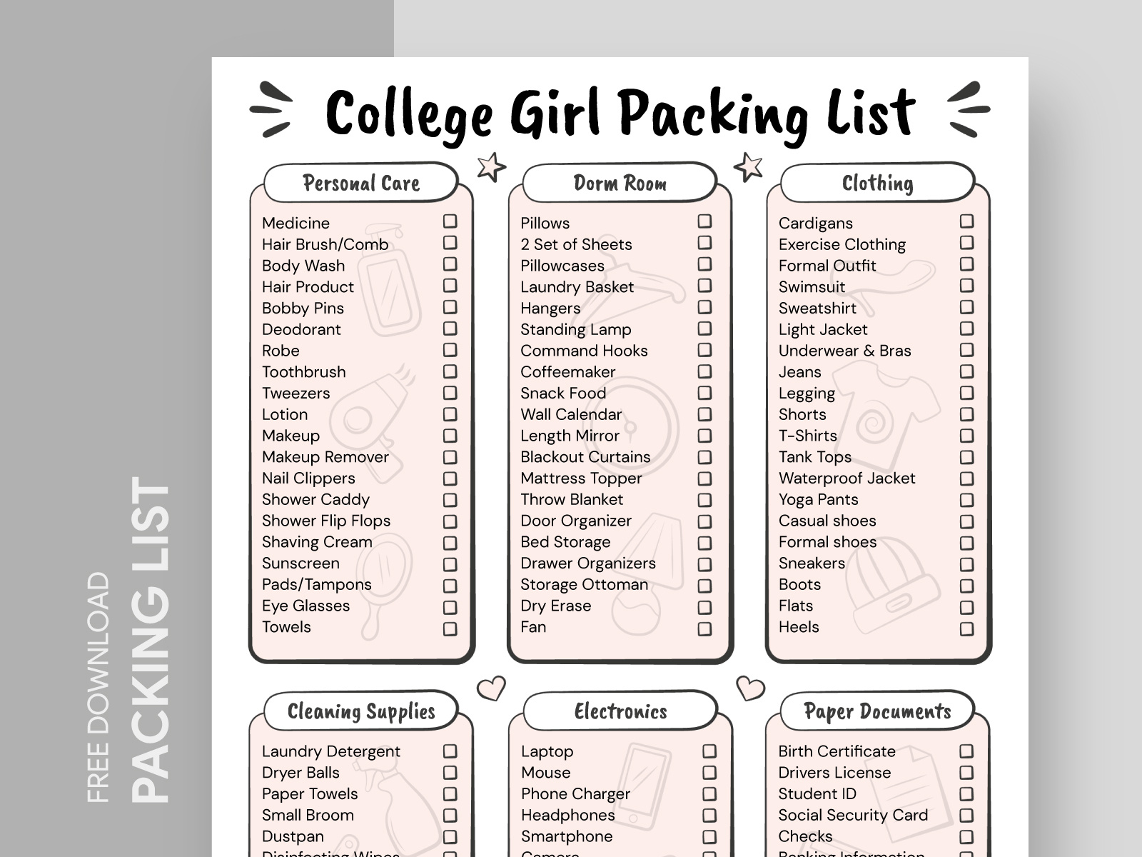 College Girl Packing List Free Google Docs Template By Free Google Docs 