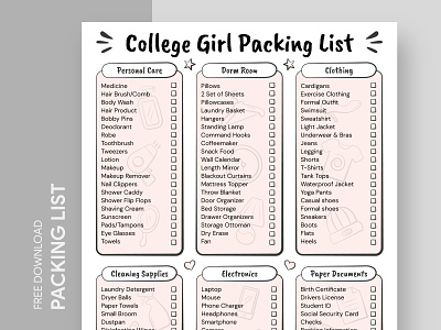 College Girl Packing List Free Google Docs Template check checklist college design docs document girl google list packing pink print printing template templates word