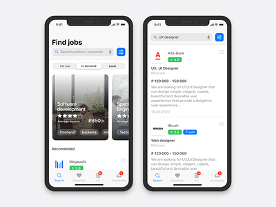 HeadHunter, demanded position, search app company design ios job job finder job search jobs light mobile recruiting redisign sea ui ux