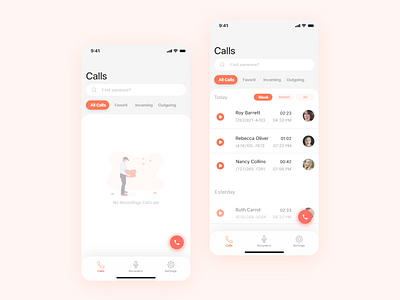 Call Recorder main screen adobe xd app call design ios minimal orange recorder ui ux