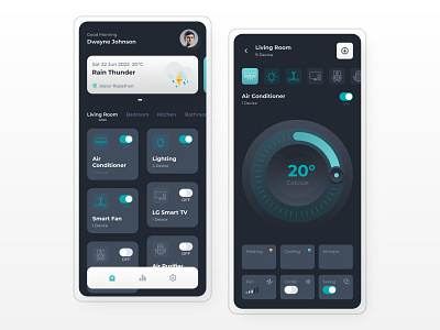 Smart Home App Dark UI air conditioner app app design appdesign dark darkui design deviceui flat homeui smarthome smarthomeui smartui ui uidesigner ux uxdesigner