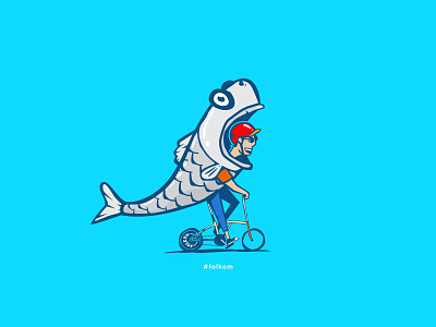 Folding bike funny character bicycle bike branding character fish flat folding bike folkom fun illustration logo