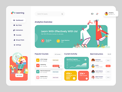 E-learning Dashbaord UI Exploration admin app classroom course dashboard ui e learning education madhu mia mentor online course online platform popular shot school skill tutor uiux web