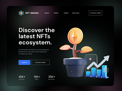 NFT Marketplace Website 3d art crypto art cryptoart cryptocurrency dark designer exploration gradient header hero madhu marketplace nftart nfts token ui uiux ux design web web design