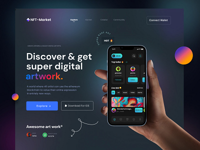 NFT Market Landing Page Design app designer creator crypto art cryptocurrency dark nft nft art nft artist nft markeplace nft market nft website nfts token sell token uiux ux web web design web designer website