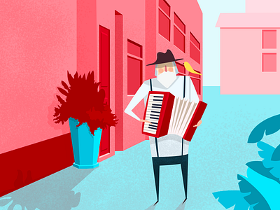 The elderly who play the organ accor bird building dion flower illustration man music old pink street