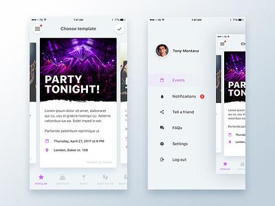 Mobile app side menu android ios mobile app ui mobile interface design party side menu