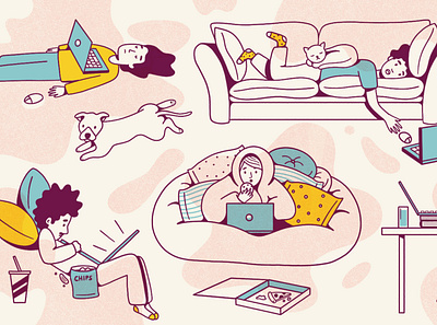 Work At Home couch couch potato cute editorial illustration hp illustration pillow fort pizza procreate remotework tbrand tbrandstudio texture wfh work from home
