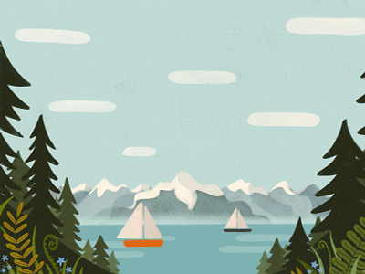 Puget Sound boats calming forest illustration mountains pacific northwest procreate seattle sky texture washington state water