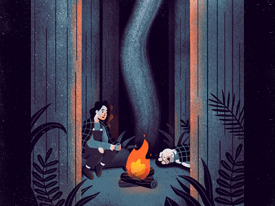 Campfire animation campfire camping dog fire flame forest frame animation framebyframe illustration lady nature night procreate smoke texture trees woods