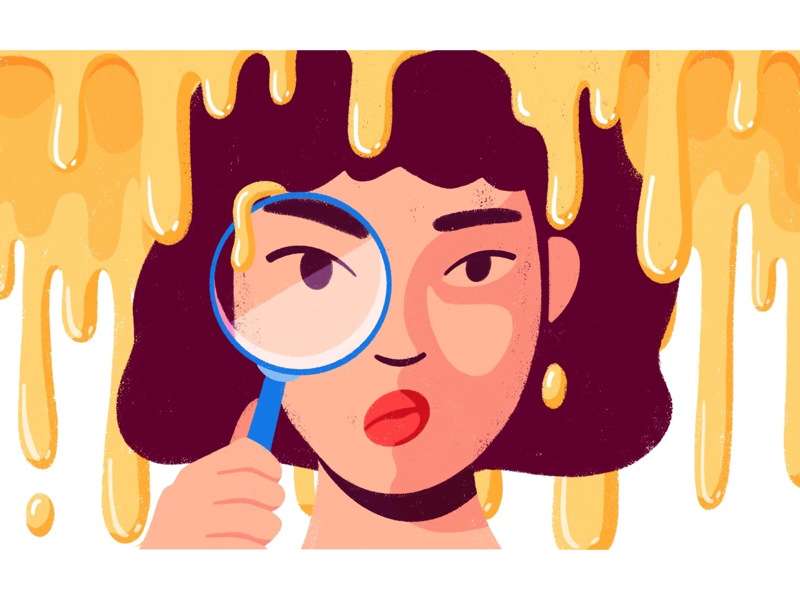 Not Pee globs blobs drops drips glass magnifier woman liquid oil editorial illustration illustration