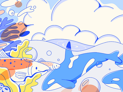 Puget Sound clouds cute fish flat illustration illustration line art line drawing ocean orca salmon water whale