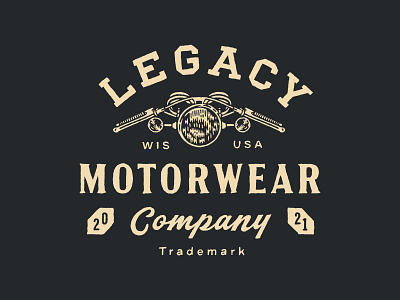 Legacy Motorwear Company badge headlight motorcycle typography