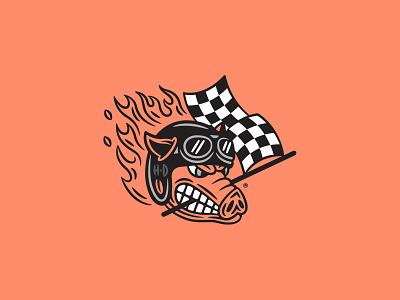 Johnnie flag flames harley davidson hog illustration logo pig racing