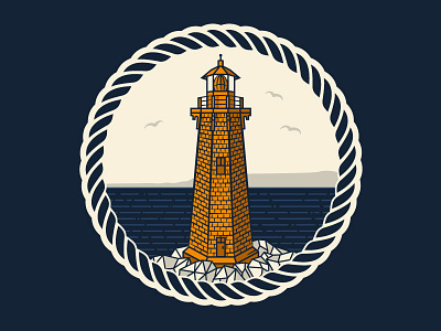 Shipwrecked Lighthouse beer label illustration lake land lighthouse nautical rocks rope seagulls shipwrecked