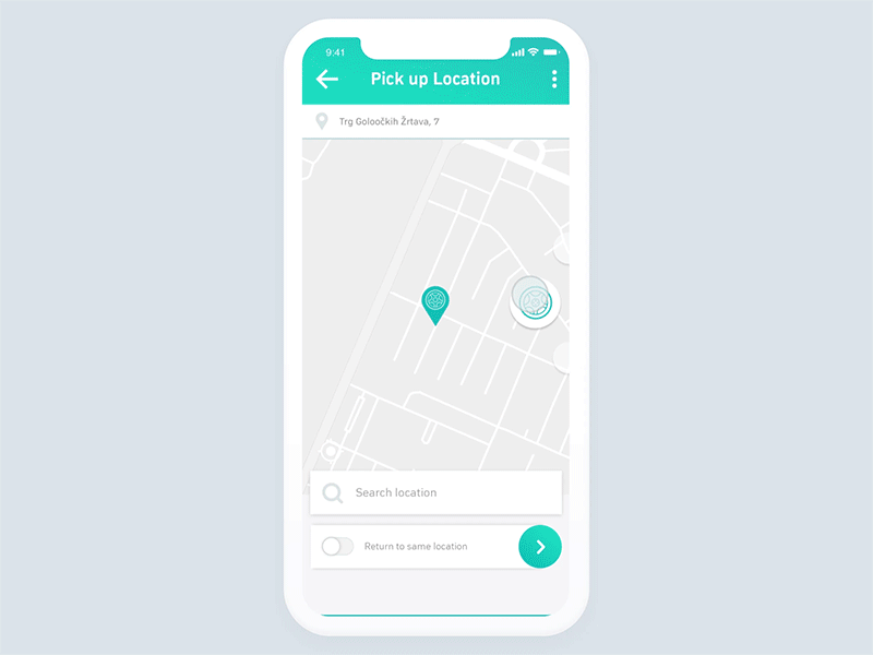 Location to pick up the car app car car rent concept icon map motion graphics ux