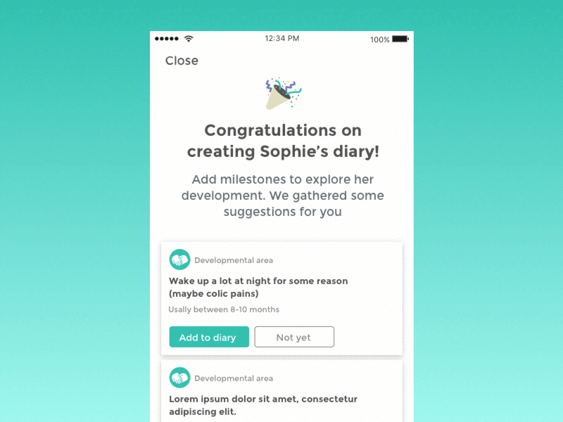 Users first time flow add new baby app first time flow milestones