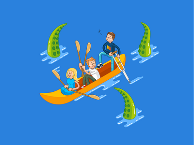 Teamwork boat fun illustration octopus vector