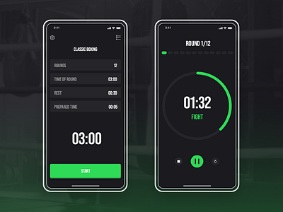 Boxing Timer UI/UX - Flutter App Project app boxing glove dark app dark mode dark ui design fight minimal sport app training training app ui ux