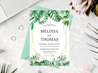 Tropical Palm Casual Wedding Invitation Template botanical bouquet card celebration ceremony elegant eucalyptus floral flower foliage greenery greeting invitation leaf leaves love rose template watercolor wedding