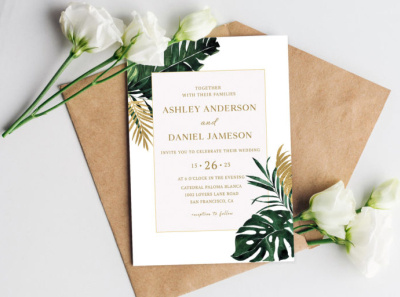 Tropical Monstera Wedding Invitations modern music party